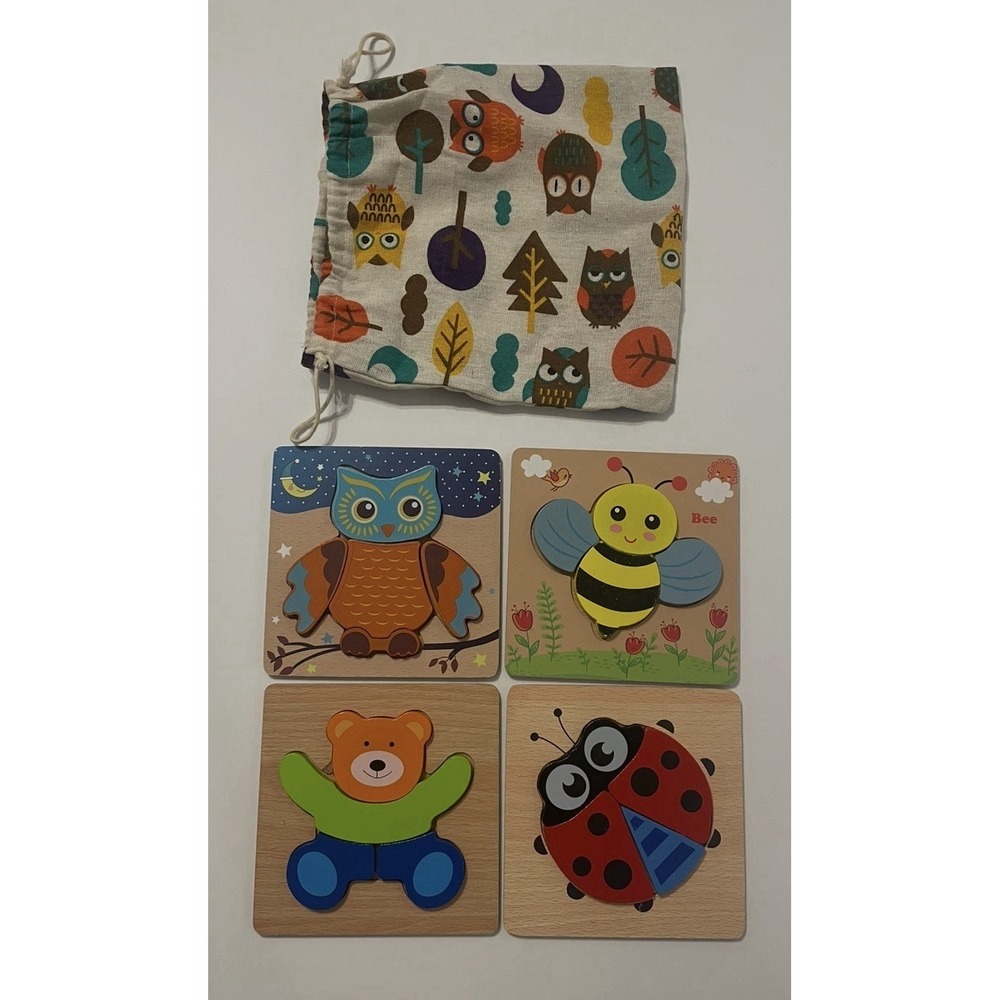4 Colorful Wooden Puzzles w/ Carry Bag! Bee Bear Ladybug Owl - Toddler